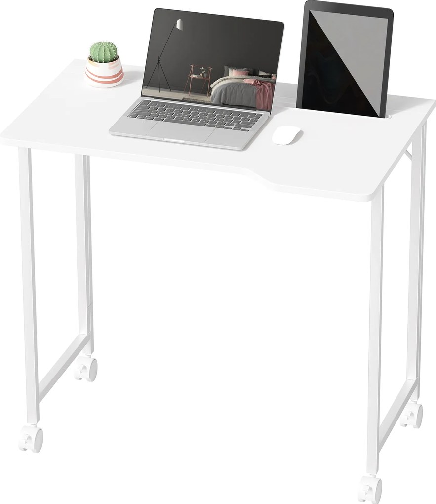 HOMCOM Biurko, składane biurko komputerowe, oszczędzające miejsce biurko na kółkach, szczelina na urządzenia, 80 x 52 x 75 cm, Biały | Aosom PL