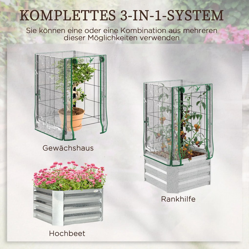 Outsunny Hochbeet, szklarnia, zestaw 3-częściowy, z kratką wspornikową, pokryciem z tworzywa sztucznego, 53 x 53 x 90 cm