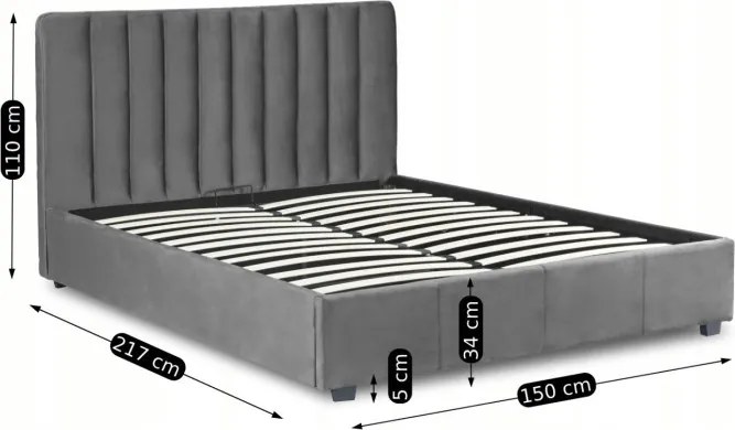 Łóżko Tapicerowane 140x200 cm ze Stelażem Dwuosobowe MARI Welurowe Szare