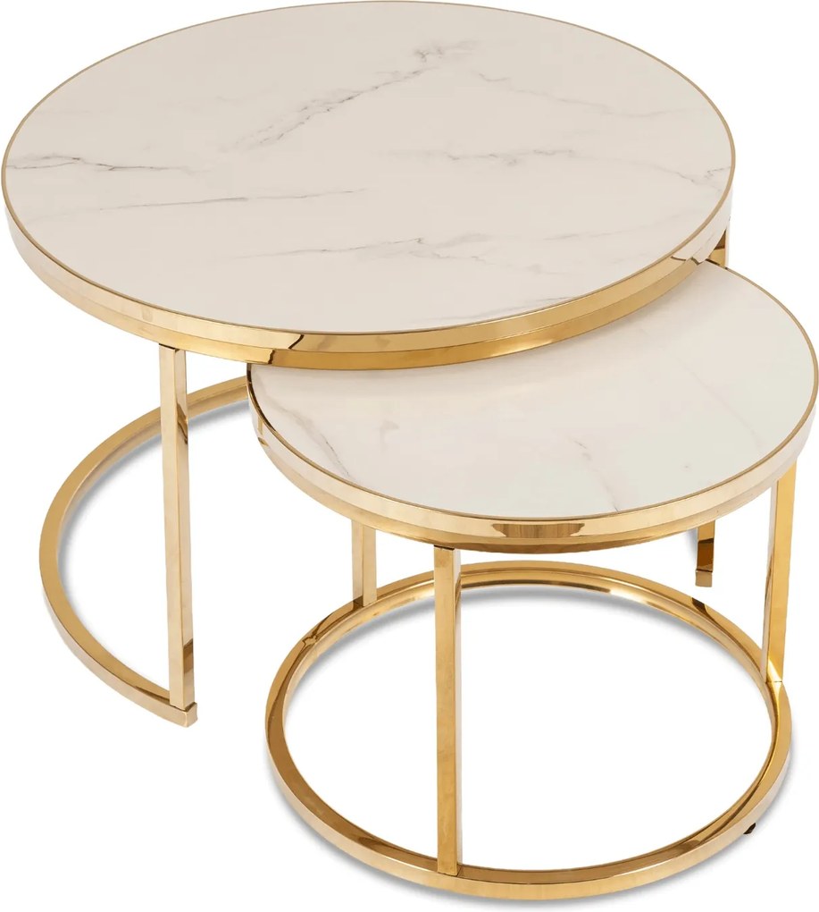 Zestaw Stolików Kawowych ARON 70 cm/50 cm Biały Marmur/Złoty Glamour