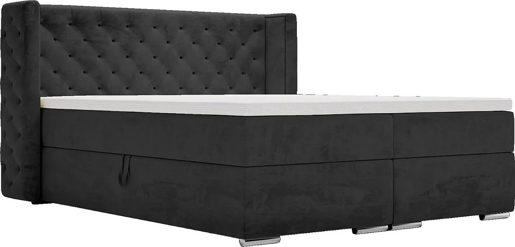 Emporius Valencia Box łóżko kontynentalne 160x200 - topper, materac H3, pojemnik - łóżko małżeńskie, tkanina aksamitna, czarny (Magic Velvet 2219)