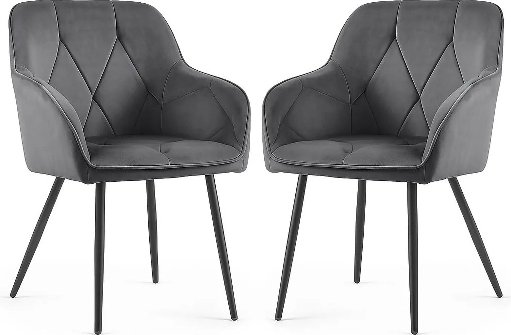 2x Welurowe krzesło tapicerowane pikowane Ciemny Grafit DIAMANTE Czarne nogi