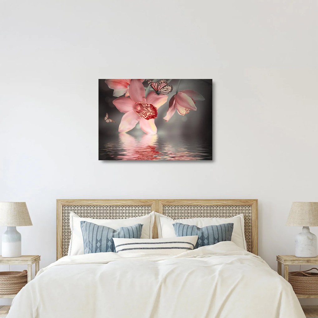 Obraz na szkle - Kwiaty i motyl (70x50 cm)