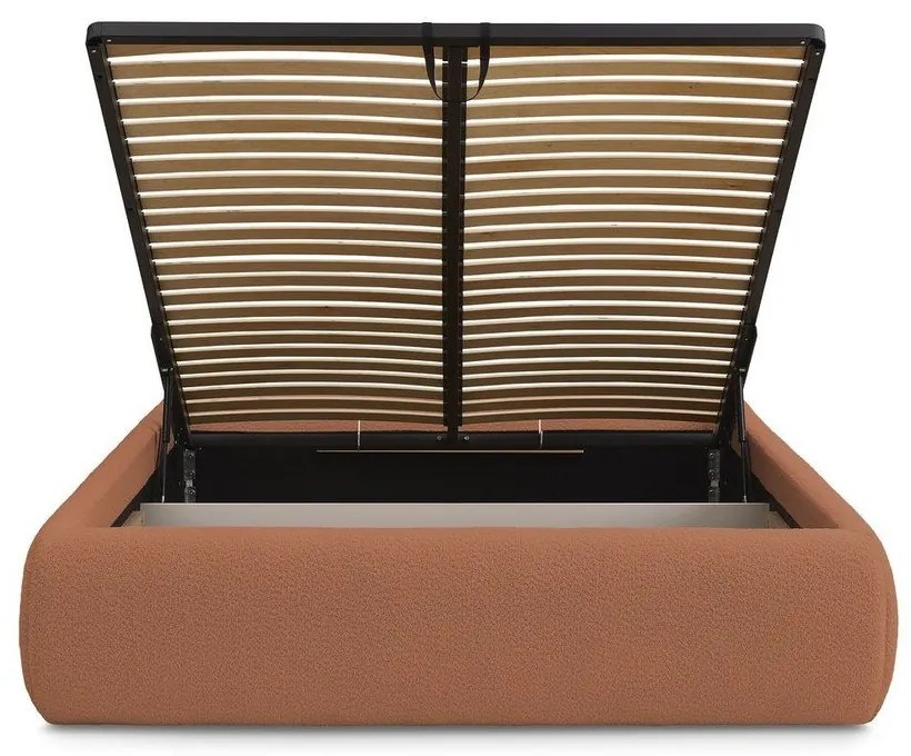 Pomarańczowe tapicerowane łóżko dwuosobowe bez zagłówka ze schowkiem i stelażem 160x200 cm Inera – Bobochic Paris