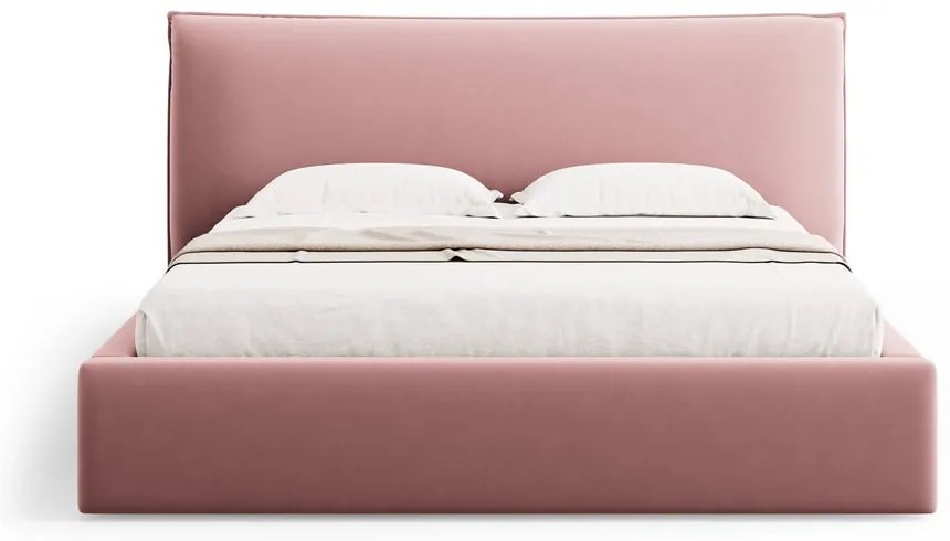 Różowe tapicerowane łóżko dwuosobowe ze schowkiem i stelażem 140x200 cm Elio – Milo Casa