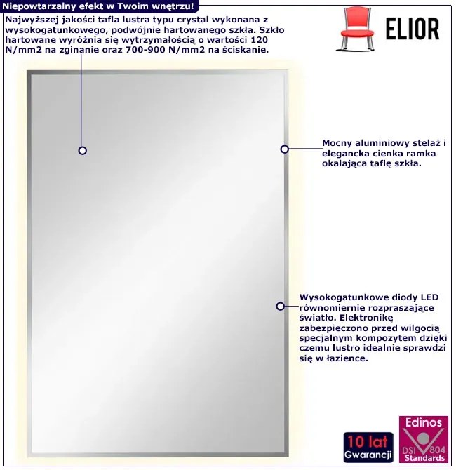 Srebrne prostokątne lustro led 60x90 cm Sirela