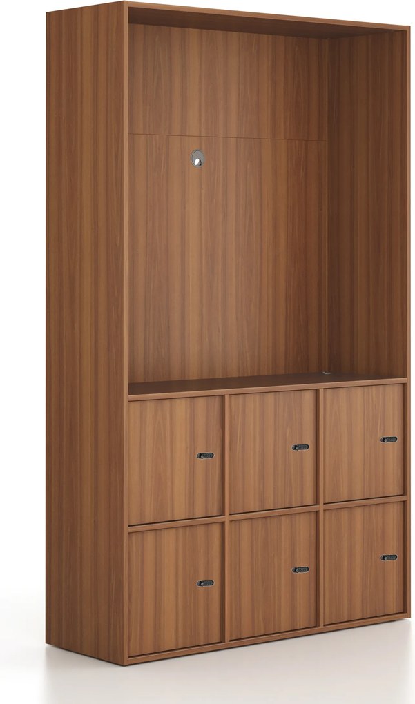 Szafka biurowa FRAME, 6x drzwi, z wnęką, 1299 x 450 x 2162 mm, mechaniczny zamek szyfrowy, orzech