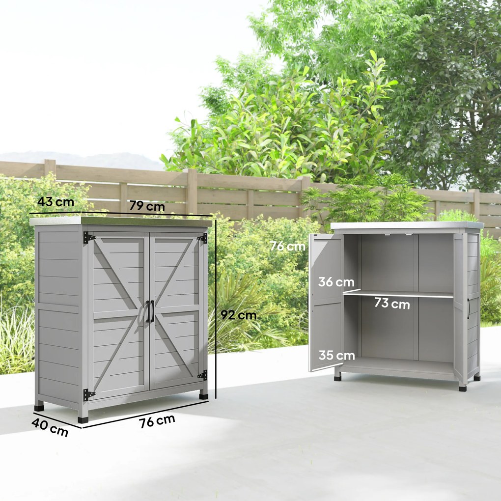 Outsunny Szafka Ogrodowa z Powierzchnią Roboczą, Szafka na Narzędzia, Drewno Lite, Stal, 79 x 43 x 92 cm, Szary