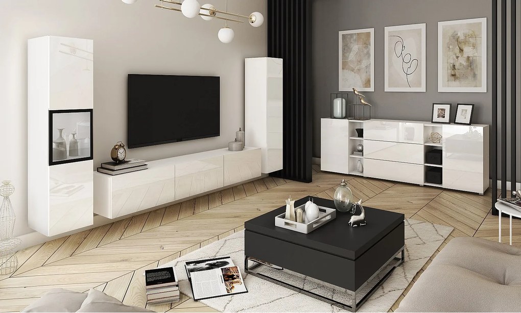 Nowoczesna meblościanka z oświetleniem LED, zestaw wisząco-stojący 3-elementowy z szafką RTV 180 cm, witryną i słupkiem, korpus biały mat, fronty biały połysk