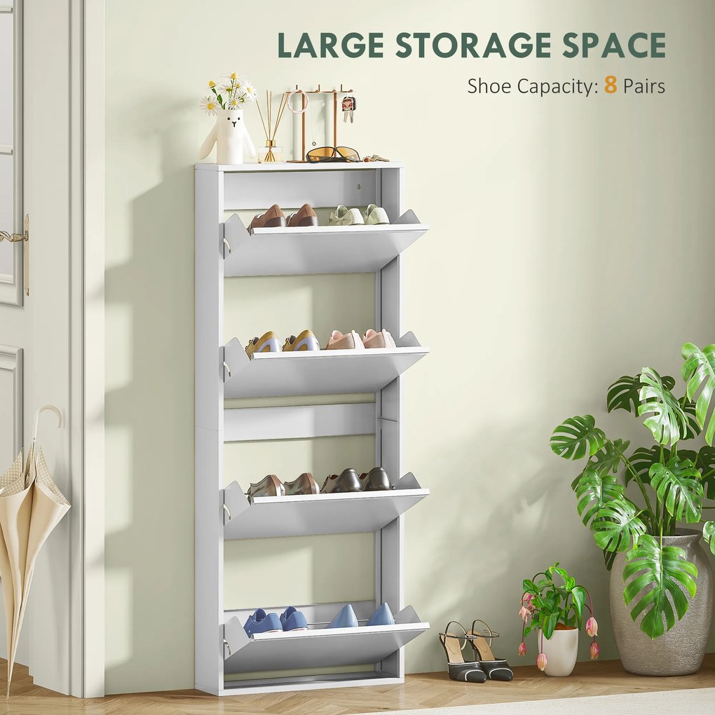 HOMCOM Wąska Biała Szafka na Buty Metalowa do 8 Par Butów z 4 Składanymi Szufladami, dla Przedpokoju, Biała