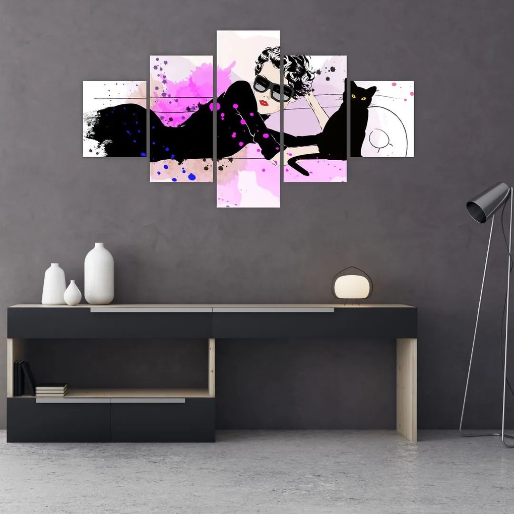 Obraz - Kobieta z czarnym kotem (125x70 cm)