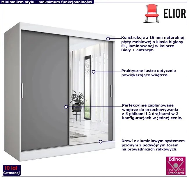 Szafa przesuwna biel + antracyt 180 cm - Massi 5X