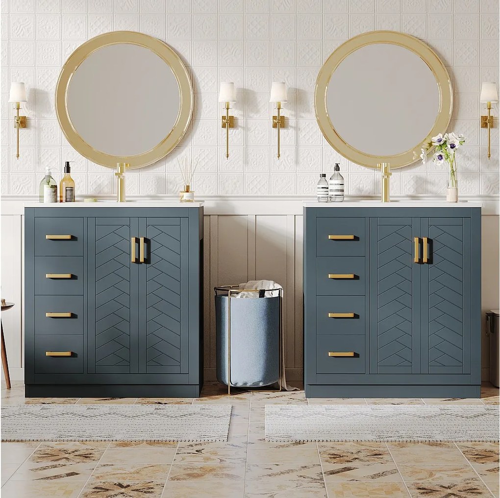 2 ceramiczne szafki łazienkowe pod umywalkę - 76,5 x 46,5 x 84,5 cm - z 3 szufladami + półką boczną + 2 drzwiami - MDF - niebieskie