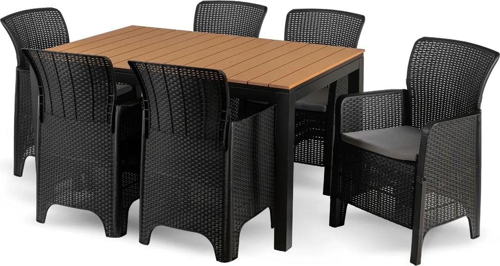 Zestaw Mebli Ogrodowych Stół ARGOS 140-180 cm Dąb/Czarny i 6x Fotel FRESNO Czarny Technorattan Nowoczesny