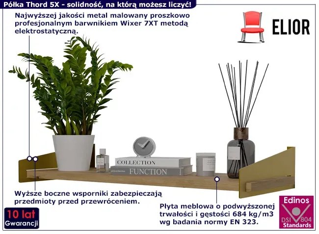 Minimalistyczna półka ścienna złoty + dąb artisan Hermos