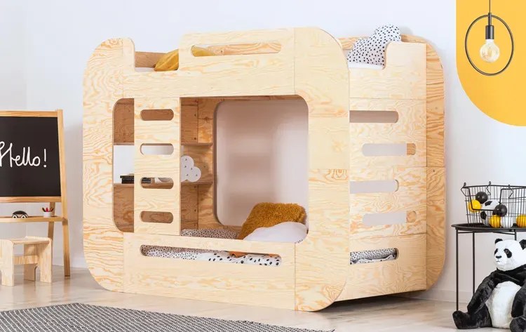 Drewniane łóżko piętrowe z półkami P1-T90