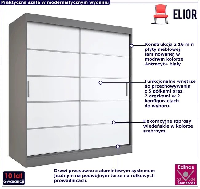 Szafa przesuwna antracyt + biały 180 cm - Bohosa 5X