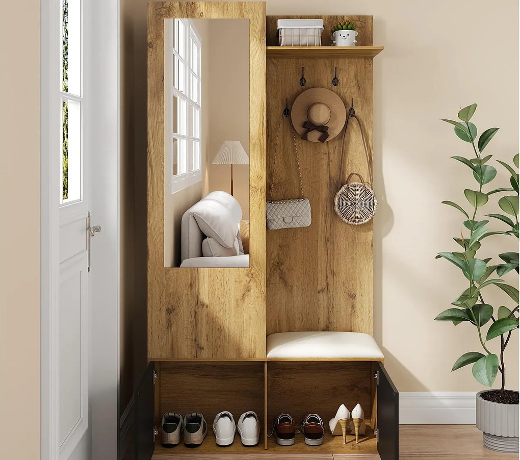 Zestaw przedpokojowy 100×38×191 cm - z wieszakiem i szafką na buty - haczyki i 1 lustro - naturalny + czarny