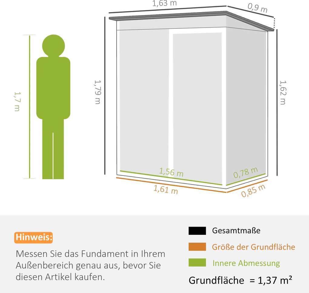 Outsunny Metalowy schowek na narzędzia 1,37 m², zamykany schowek z wentylacją, pochyłym dachem, rękawicami, 163 x 90 x 179 cm | Aosom PL