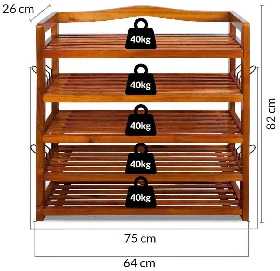 Casaria Regał na buty RUSTIC, 5 półek, 75x26x82cm, naturalna brązowa