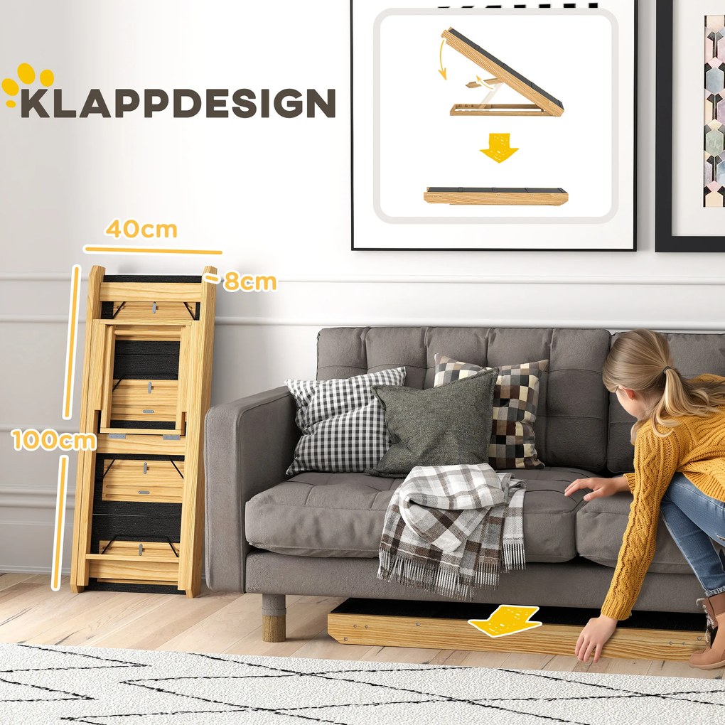 PawHut Schody dla psów, rampa, regulowanej wysokości, antypoślizgowe, składane, 83x40x62,5 cm, Drewno/Białe