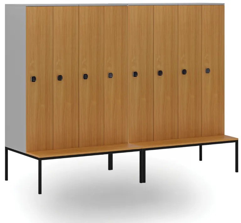 Drewniana szafa ubraniowa S4 z ławką, 4-drzwiowa, 1871 x 1200 x 500/800 mm, demontaż, zamek kodowy, szary/orzech