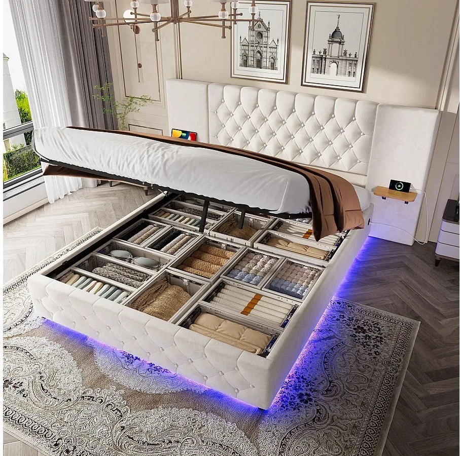 Łóżko tapicerowane ze schowkiem - 160 x 200 cm - z szerokim zagłówkiem + diody LED + port USB - schowek hydrauliczny - aksamit - beż