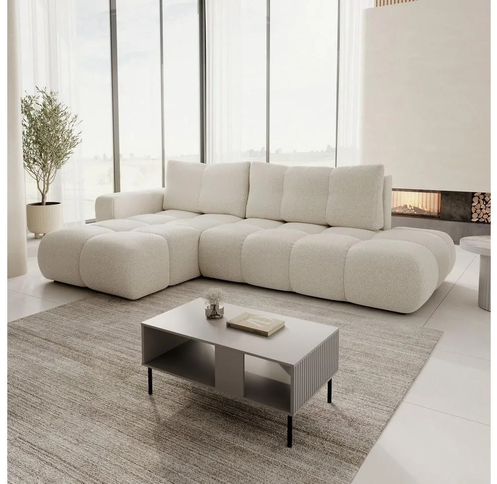 Narożnik rozkładany tapicerowany ALMADA w układzie L, lewy, jasnobeżowy, z pojemnikiem na pościel