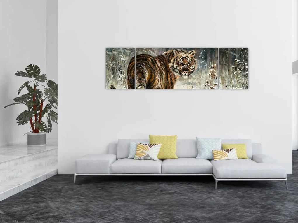 Obraz - Tygrys w zaśnieżonym lesie, obraz olejny (170x50 cm)