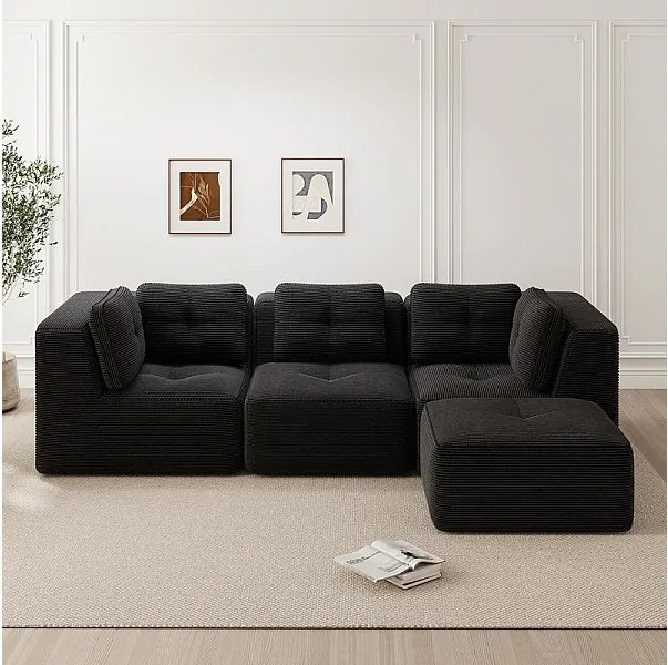 Canapé 3 places modulable, avec pouf et coussins, en velours côtelé, Noir, 297x177x69cm