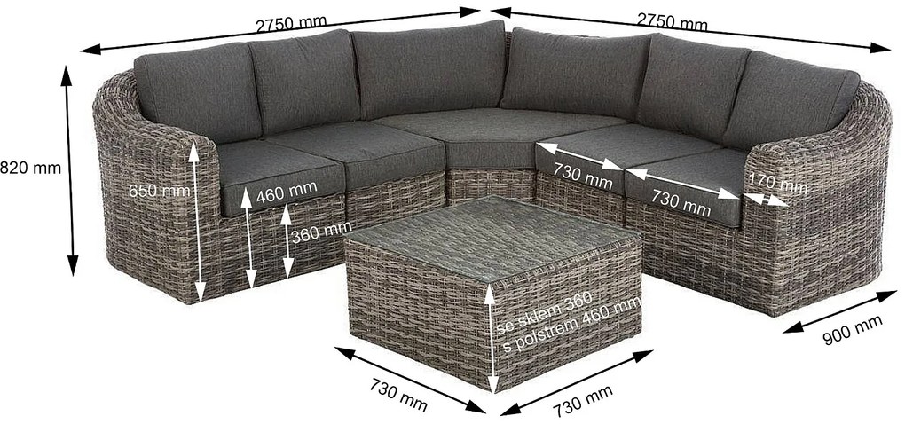 Rattanowy zestaw modułowy BORNEO LUXURY dla 8 osób (szary)