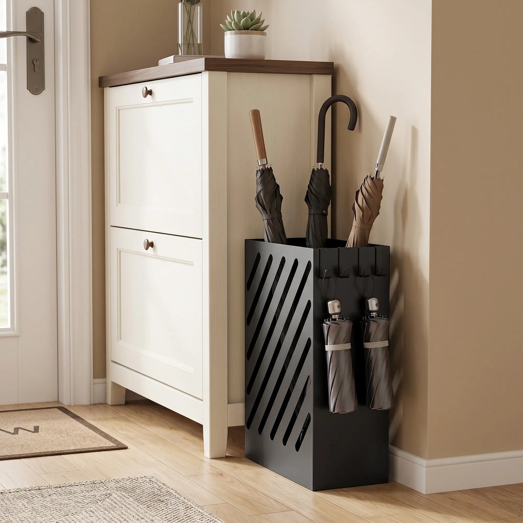 HOMCOM Stojak na parasole z miską ociekową, 4 haczyki, stal, 28D x 14S x 41W cm, Czarny | Aosom PL