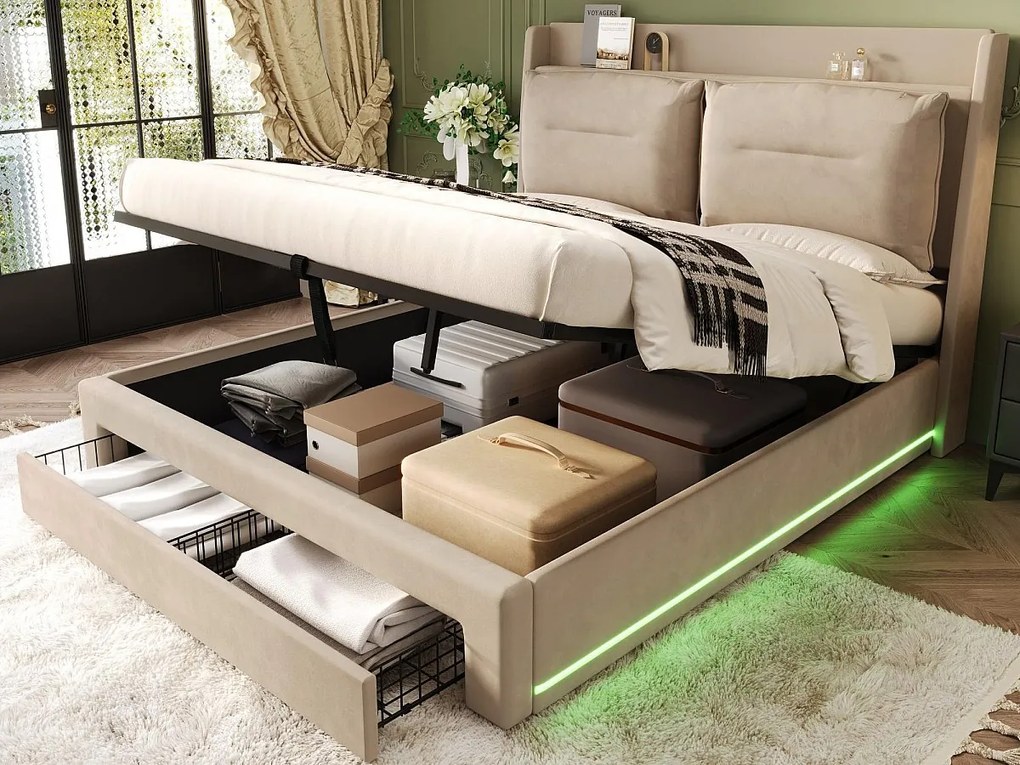 Łóżko z tapicerowanym welurem - 140x190 cm - 2 szuflady na końcu łóżka - wbudowana taśma LED w nogach łóżka - Beżowe (bez materaca)