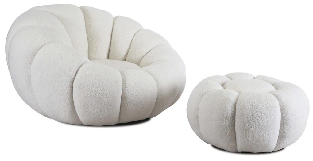 Fotel Wypoczynkowy Obrotowy PETTIT Kremowy z Pufą w Tkaninie Teddy Boucle