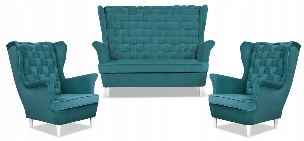 Zestaw wypoczynkowy Carol sofa fotele paski Family Meble turkusowy