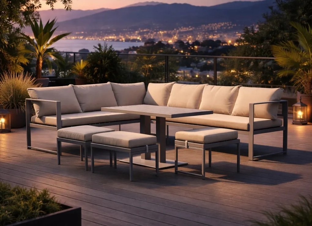 Narożnik ogrodowy Bellagio 003 z pufami i stołem, szary, poduszki beżowe