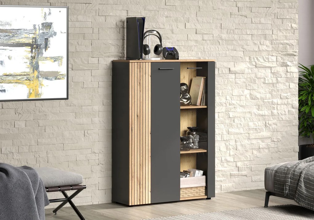 Niska witryna nowoczesna do salonu z lamelami grafit + dąb evok A2-D81