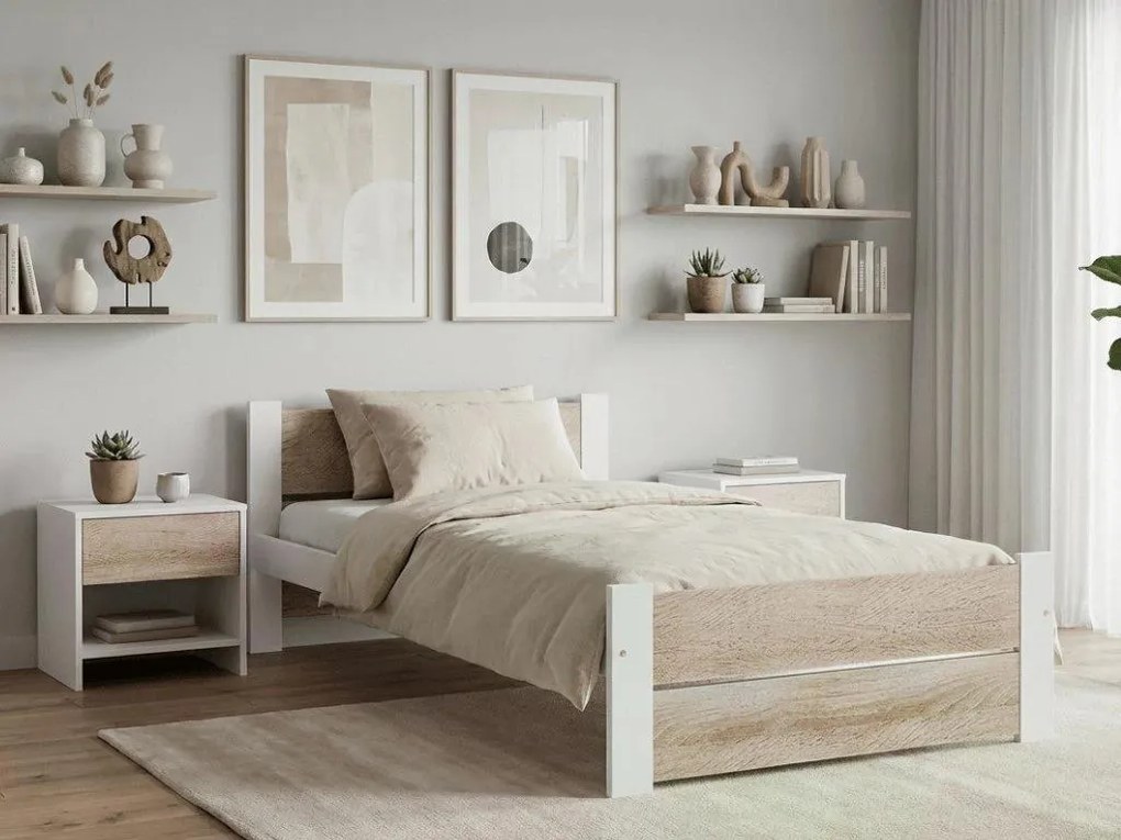 Łóżko IKAROS DOUBLE 80 x 200 cm, białe/dąb sonoma Stelaż: Ze stelażem listwowym rolowanym, Materac: Bez materaca