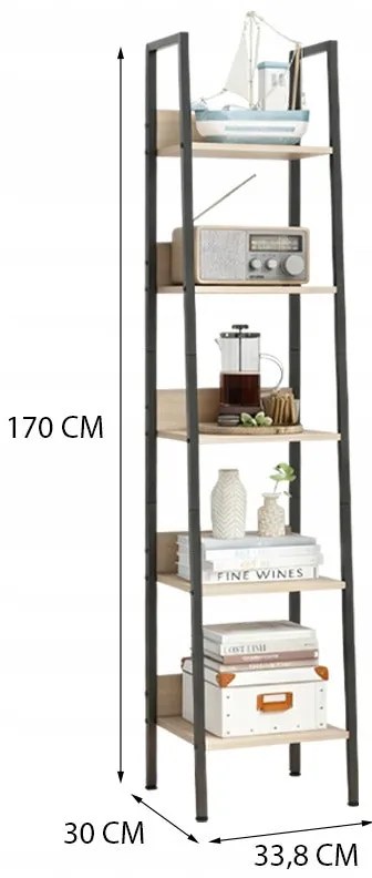 Industrialny wysoki regał stojący jasny brąz 5 półek drabinka na książki