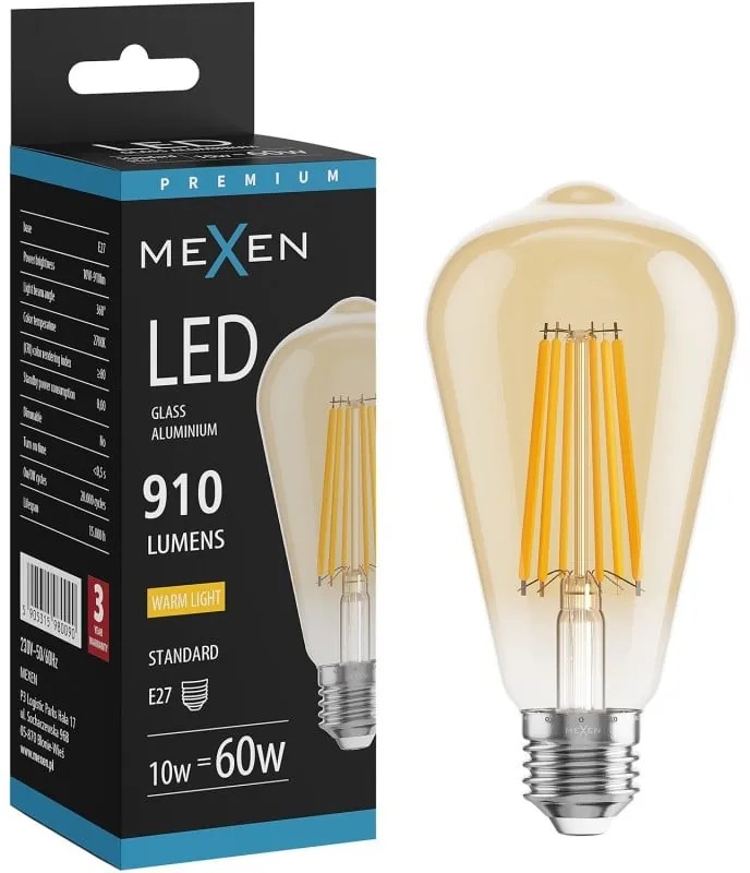 Mexen Vintis żarówka filament LED E27, ST64, 10W, Ciepła - 2700K, 910 lm, amber - L152-E27-1027-50