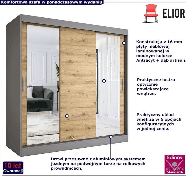 Szafa przesuwna antracyt + dąb artisan 200 cm - Seko 6X