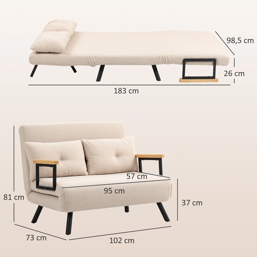 HOMCOM Sofa rozkładana 2-osobowa, sofa welurowa, funkcja spania, w zestawie 2 poduszki, wygląd weluru, Naturalny + Beżowy + Czarny | Aosom PL
