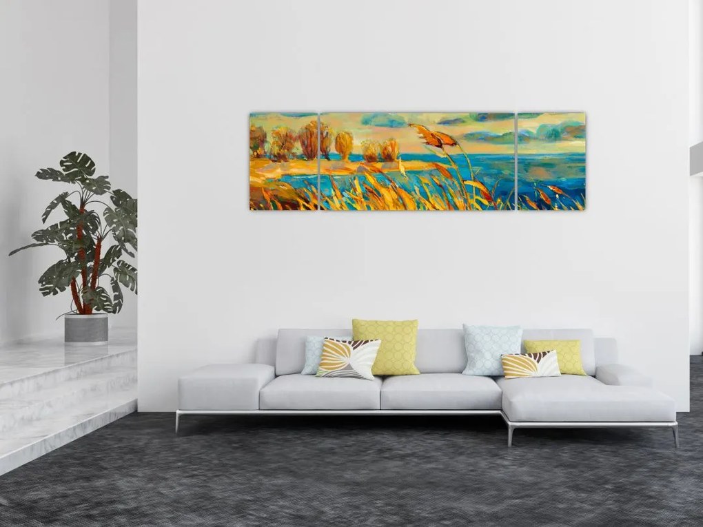 Obraz - Zachód słońca nad jeziorem, obraz akrylowy (170x50 cm)