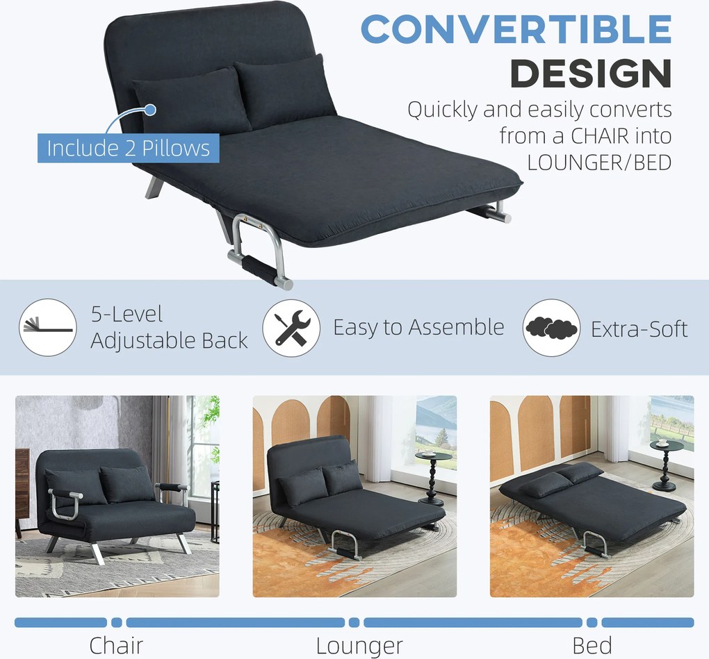 HOMCOM Sofa do spania z 5-stopniową regulacją, imitacja zamszu, stalowa rama, w zestawie poduszki, Czarny