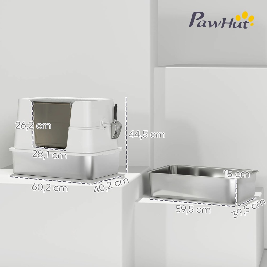 PawHut Kuweta dla kotów ze stali nierdzewnej, XL wnętrze, z łopatką, jasnoszara