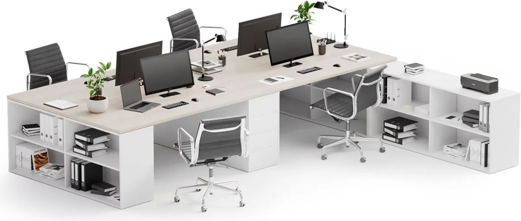 Zestaw biurek biurowych BLOCK B05, 4 stanowiska z przestrzenią do przechowywania, 360 × 320 cm, biały/dąb naturalny