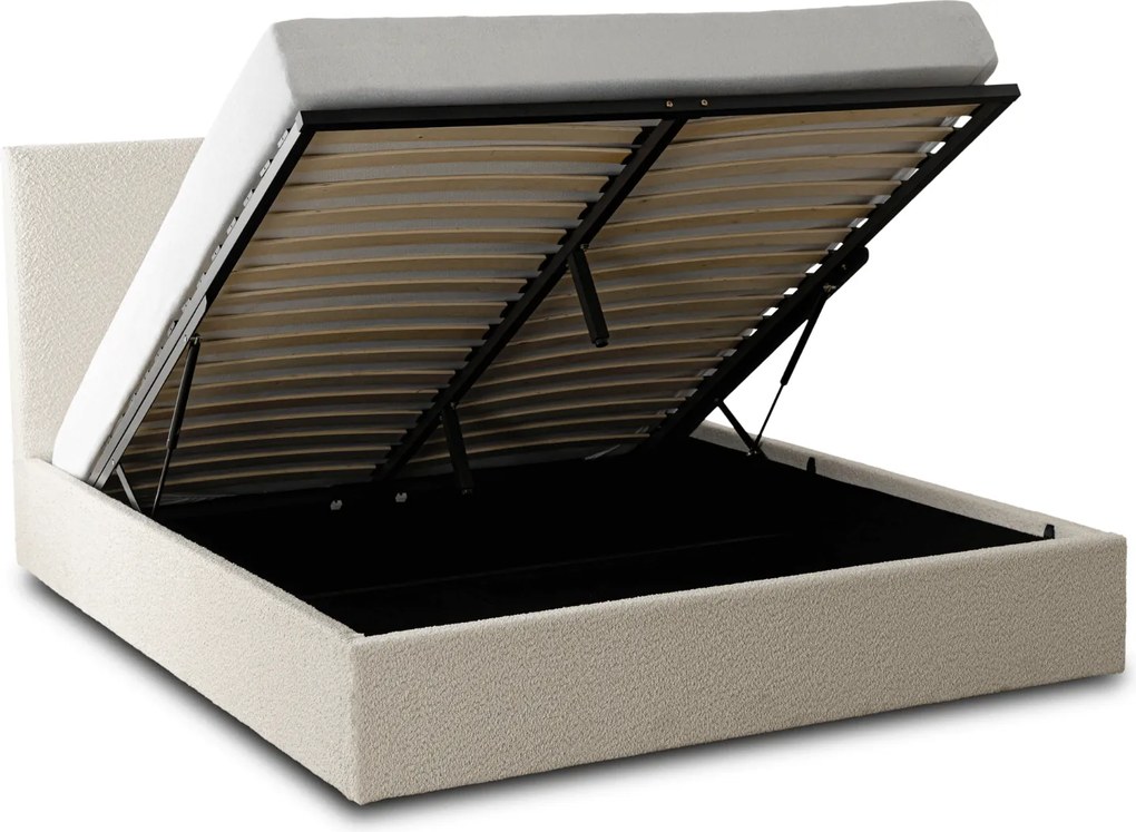 Łóżko Tapicerowane 140x200 cm MARSYLIA ze Stelażem i Pojemnikiem Dwuosobowe Boucle Kremowe