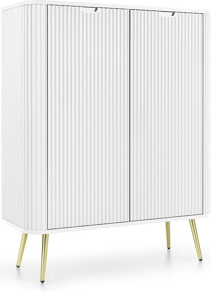Wysoka komoda ZOVA z 6 półkami, dekoracyjnymi rowkami i metalowymi nogami, złota, 103/129/39cm, biała