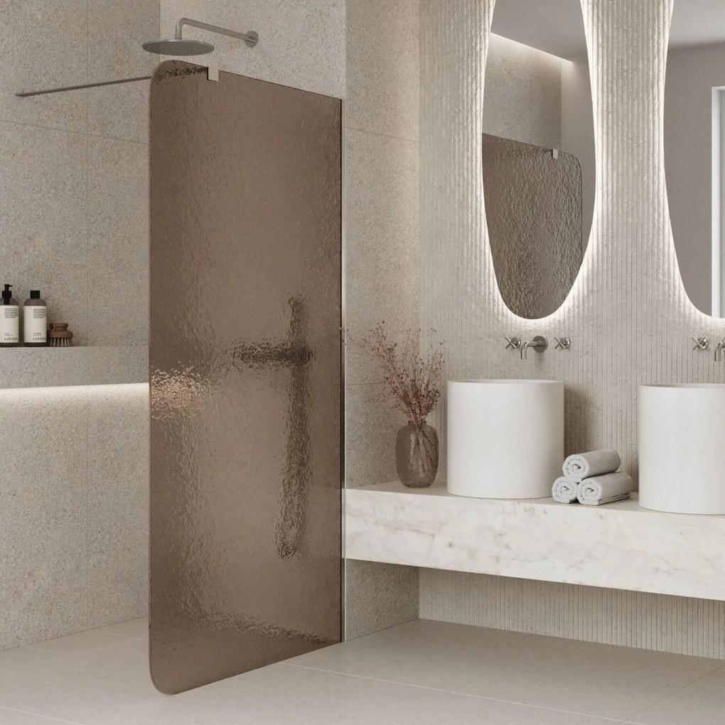 Ścianka prysznicowa WALK IN FIX artystyczna brązowa 8 mm ARTE Frozen Round Brown MASSI | Różne rozmiary : Kolor profili kabiny - złoty, Szerokość ścianki - 70 cm, Typ montażu - WALK in FIX (Do ściany)