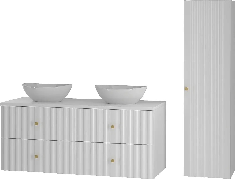 Biały Zestaw Łazienkowy 120cm Szafka z Blatem Umywalka Słupek Ryflowane Fronty Aqua